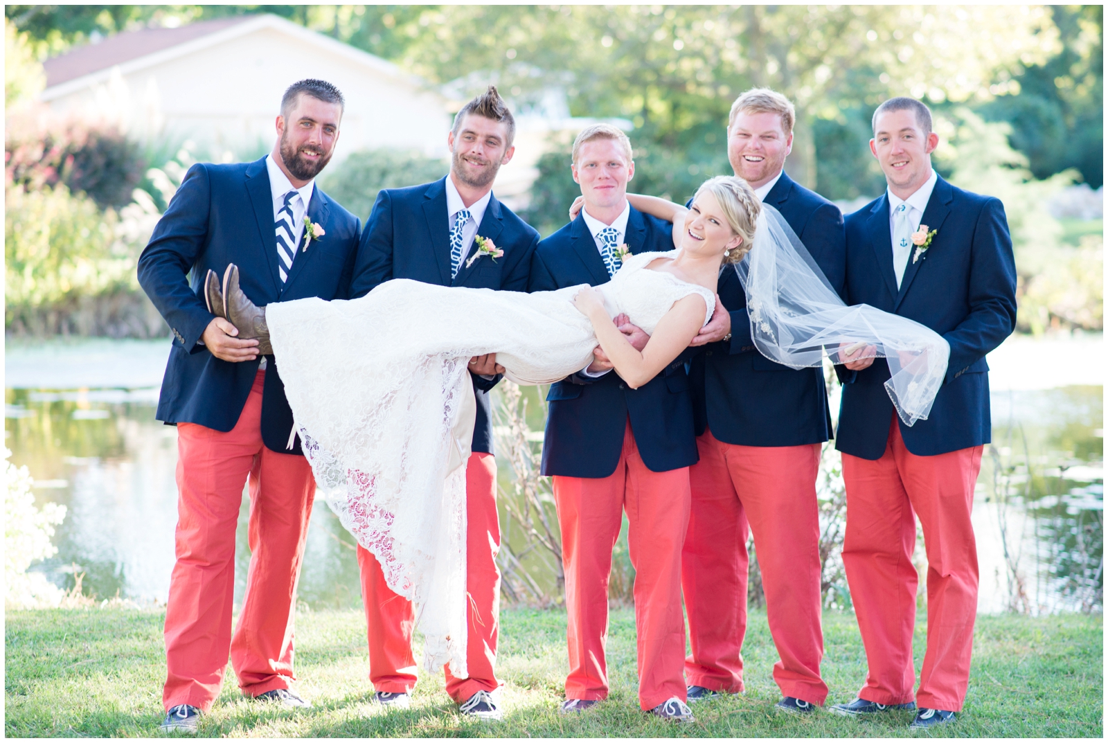 navy and coral nautical rustic backyard yorktown virginia wedding waterfront cowboy boots