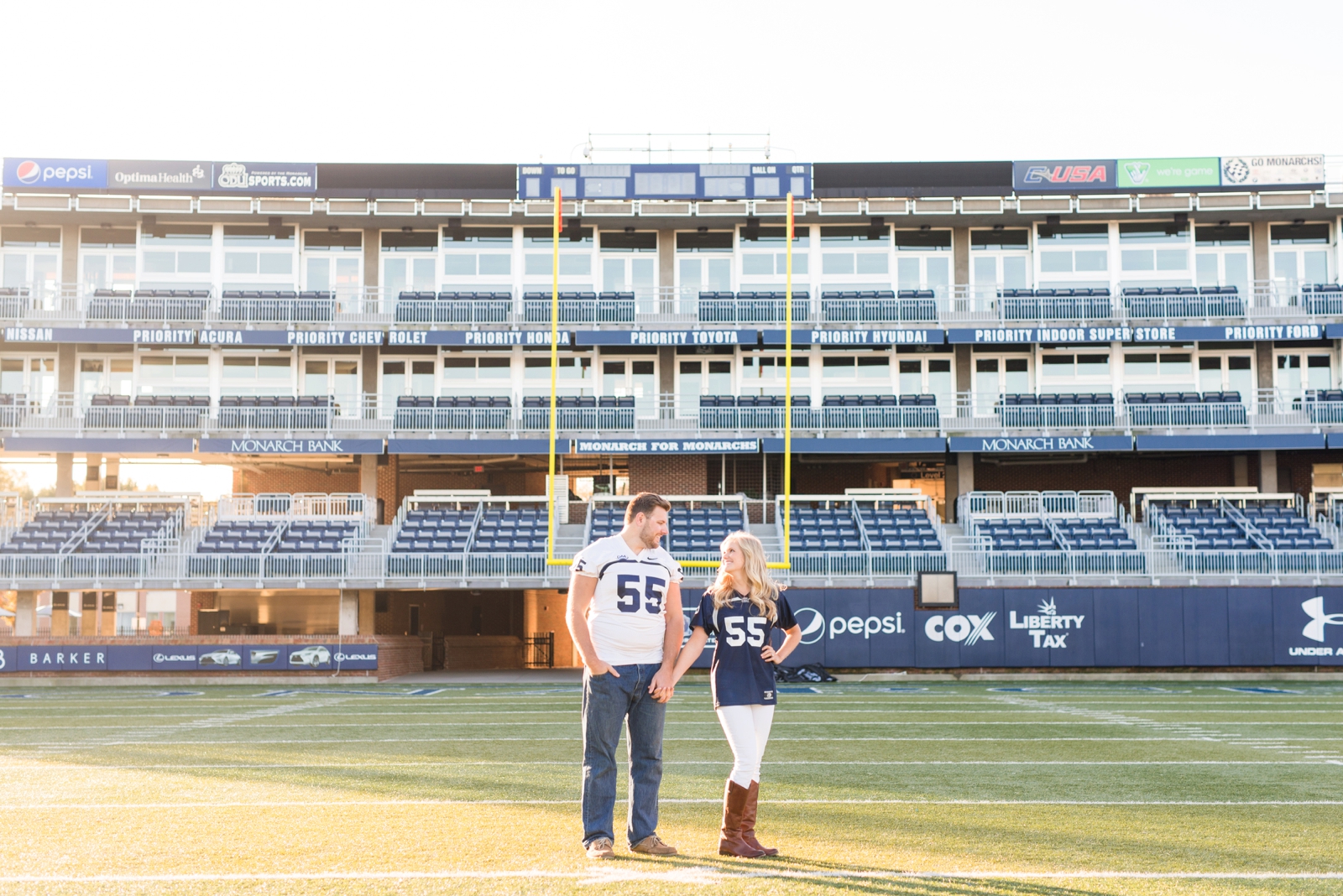 ODU football player and cheerleader stadium engagement session in norfolk virginia