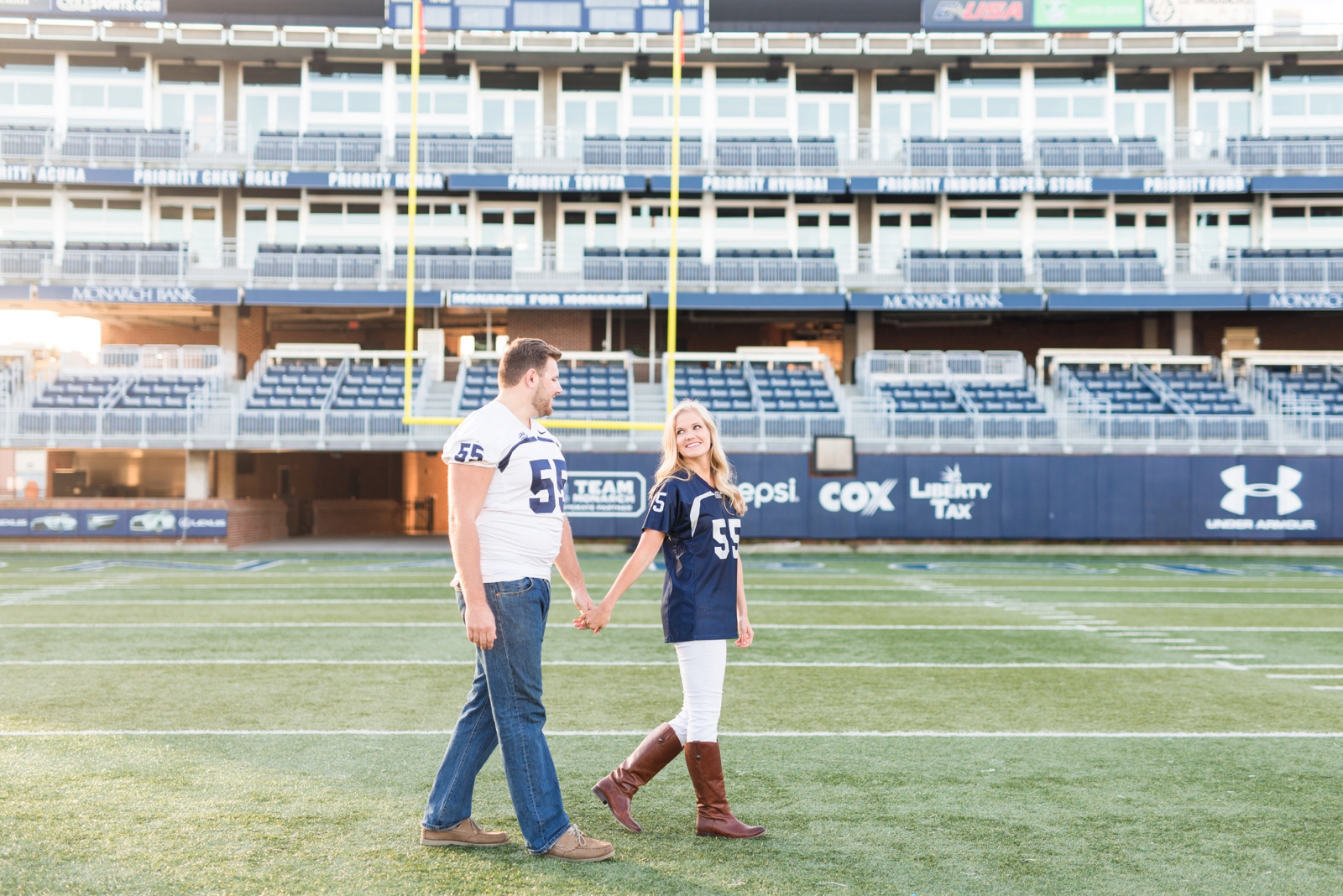 ODU football player and cheerleader stadium engagement session in norfolk virginia