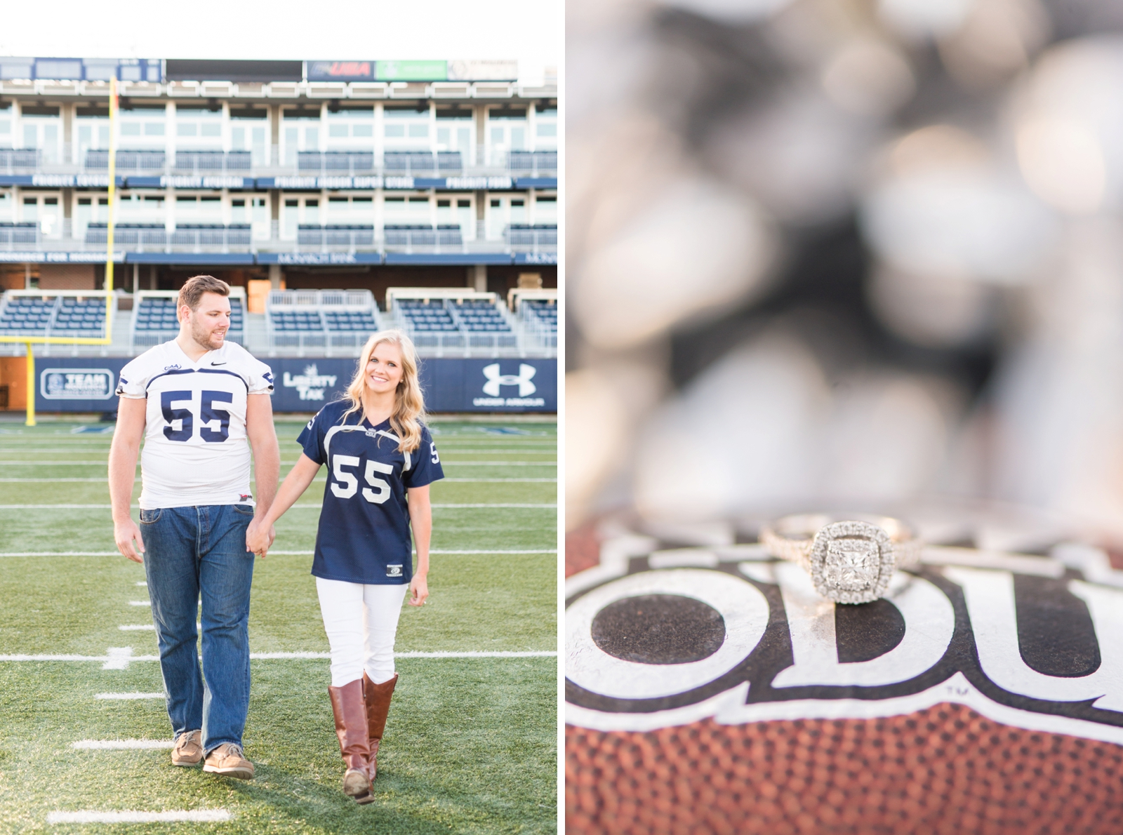 ODU football player and cheerleader stadium engagement session in norfolk virginia